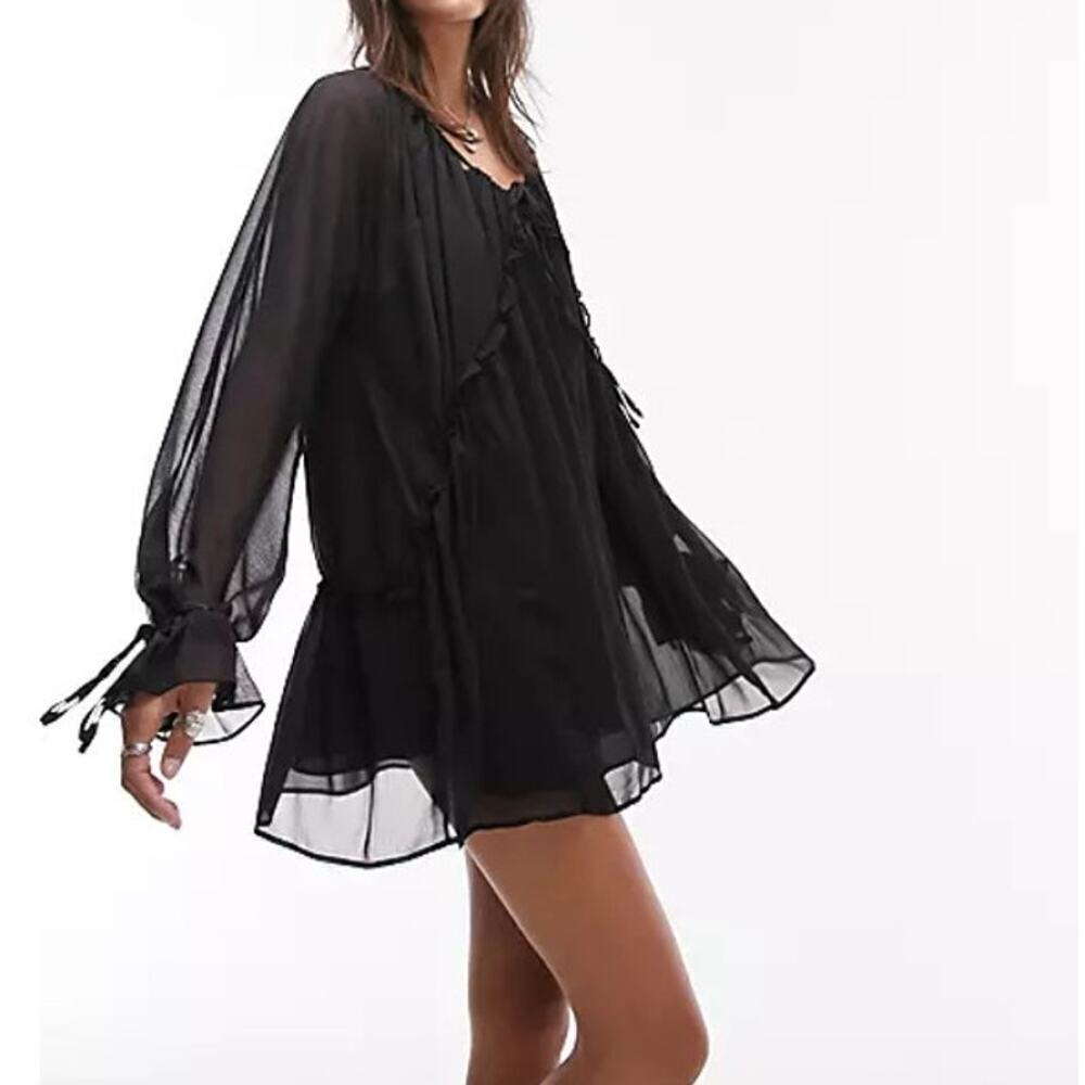 Topshop Babydoll Mini Dress Scoop Neck Long Sleeve Black NWT 8